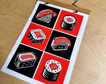 Sushi linocut on handmade paper