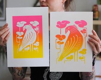 Bird screen prints: hand-printed in a vibrant pink-yellow gradient