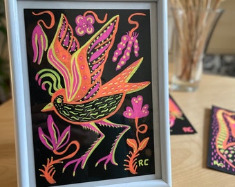 Bird and Flowers Original Marker Art // fluorescent