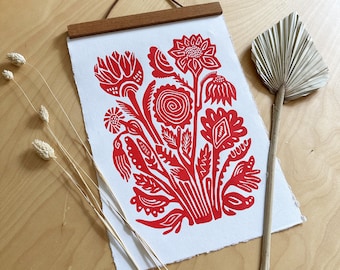 Lino print Red Flowers