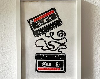 Mixtapes Back to the 80s, Cassette Illustration, Handprinted Linocut