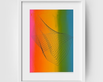 Hand-printed abstract screen print with 2 morphing forms in black lineart on colorful gradient
