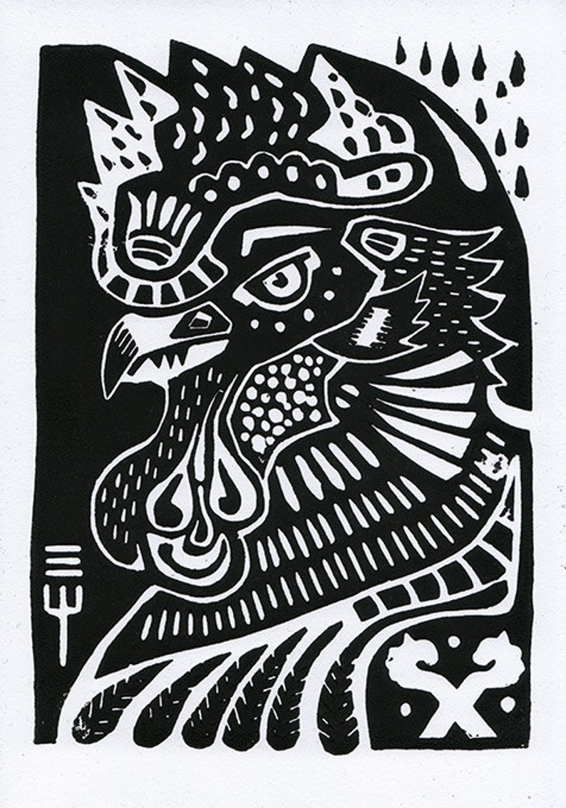 Lino Print of Rooster in Black image 2