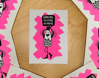 Dancing Alone at Home – Handprinted Bird Cartoon Screen Print