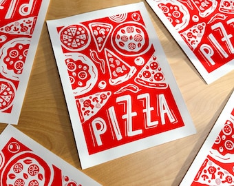 Red Pizza Screen Print, handprinted