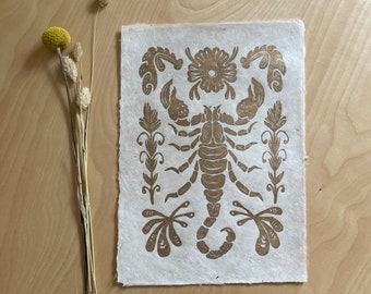 Linoprint Scorpion / Gold on White