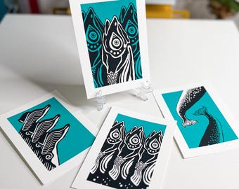 Screen Print Set: Fish and Whale A6 Art Prints, Black Teal Two-Color Design