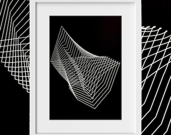 Hand-printed abstract screen print with morphing forms in black ink and negative space