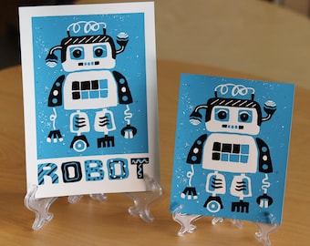 Retro Robot Screen Print, Hand printed, Sci-Fi Home Decor