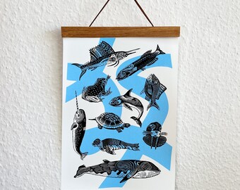 Handprinted Screen Print of Sea And Water Animals
