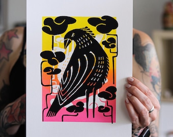 Bird Screen Print: experimental prints with gradient and black overlay (4 versions)