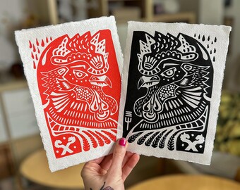 Rooster linocut print in black or red – on handmade paper