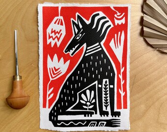 Lino print Stylized dog in a flower field