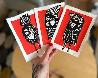 3 Birds Set - Linocut