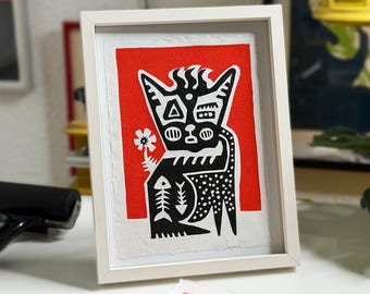 Linocut Cat in Red and Black