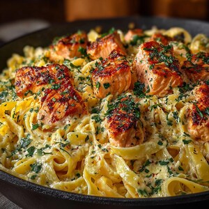 May include: A close-up of a pan of pasta and salmon. The pasta is a creamy yellow, and the salmon is cooked to a golden brown. Fresh green herbs are scattered throughout the dish, adding colour and flavour.