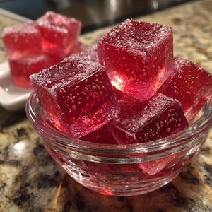 May include: A glass bowl filled with several red, cube-shaped sweets, each coated in a fine, white sugar. Some sweets are on a small white plate in the background. The sweets appear to be jelly-like.