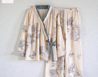 Crinkle Cotton Pajama Set | Floral Butterfly Print Wrap Sleepwear