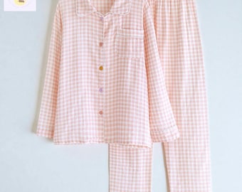 Gingham Floral Cotton Pajama Set, Womens Lightweight Button Up Sleepwear Cozy Loungewear Gift