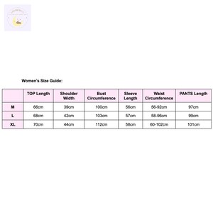 May include: A size guide for women's clothing, with measurements in centimeters. The chart includes top length, shoulder width, bust circumference, sleeve length, waist circumference, and pants length for sizes M, L, and XL.