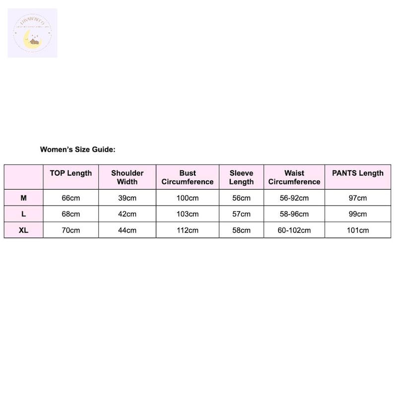 May include: A size guide for women's clothing, with measurements in centimeters. The chart includes top length, shoulder width, bust circumference, sleeve length, waist circumference, and pants length for sizes M, L, and XL.