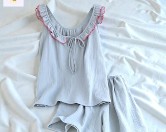 Cotton Ruffle Pajama Set, Women's Summer Sleepwear, Lightweight Lounge Set