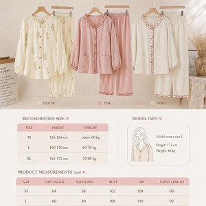 May include: A product display featuring three sets of pajamas in yellow, pink, and ivory. Each set includes a long-sleeved button-down top and matching pants. The image also includes a size guide and product measurements in centimeters.