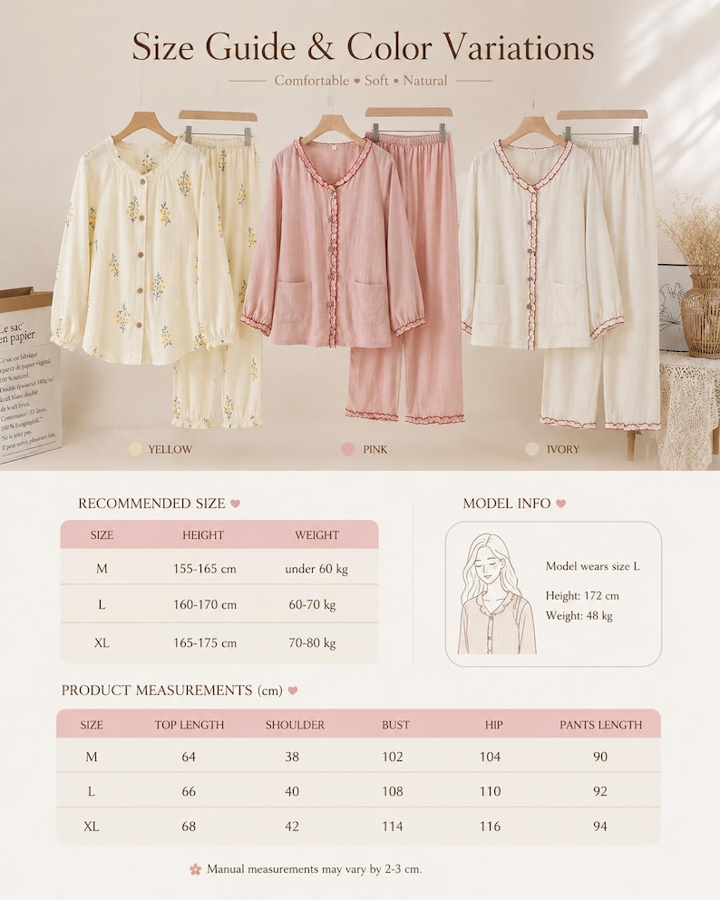 May include: A product display featuring three sets of pajamas in yellow, pink, and ivory. Each set includes a long-sleeved button-down top and matching pants. The image also includes a size guide and product measurements in centimeters.