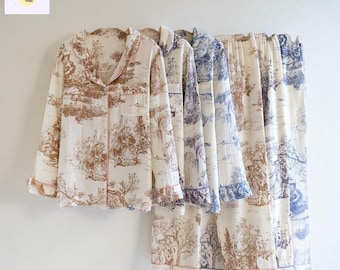 Vintage Toile Pajama Set for Women Soft Cotton Sleepwear Button Up Women's Loungewear Gift