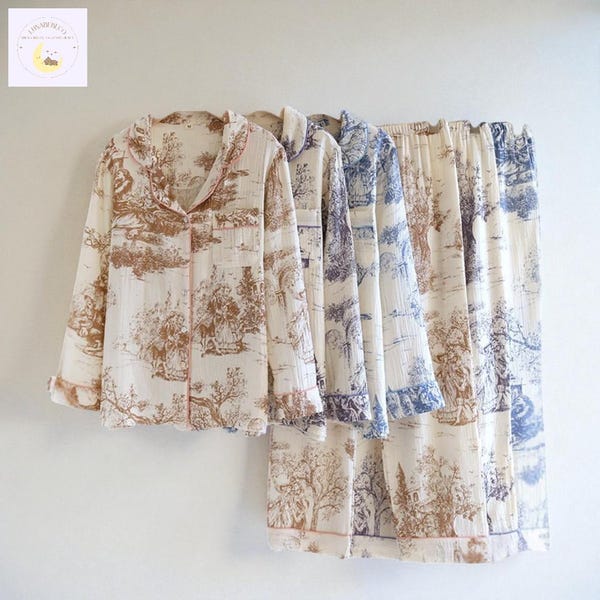 Vintage Toile Pajama Set for Women Soft Cotton Sleepwear Button Up Women's Loungewear Gift