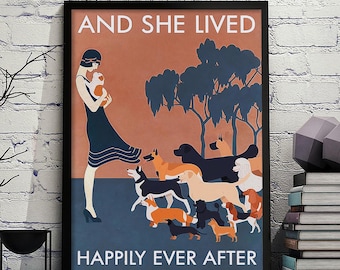 Póster o lienzo "Felices para siempre, amante de los perros", impresión artística vintage para pared, diseño art déco de mujer con perros, regalo único para mamá perruna.