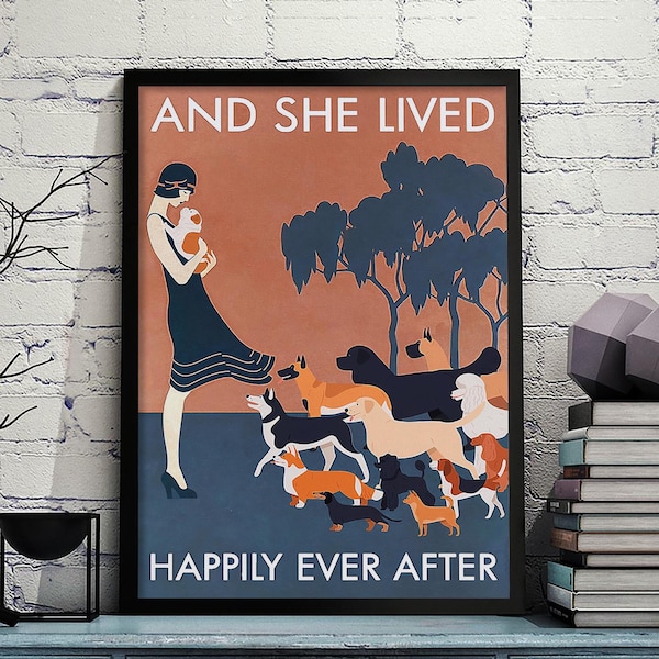Happily Ever After Dog Lover Poster Or Canvas, Vintage Pet Owner Wall Art Print, Retro Woman With Dogs Art Deco Design, Unique Dog Mom Gift