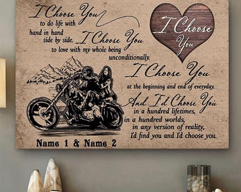 Poster personnalisé de couple de motards, art mural Je vous choisis, citation romantique, impression de moto nom personnalisé, cadeau d'anniversaire pour mari et femme