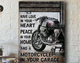 Motorcykelälskare Garagepostertryck, Vintage Biker Väggkonstdekor, Ha Kärlek Fredscitattecken, Mekaniker Man Cave-present, Fars dag-present