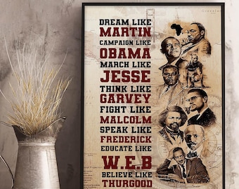 Affiche des dirigeants de l'histoire des Noirs, rêve comme art mural citation de Martin, impression militant des droits civiques, art afro-américain pour l'autonomisation, cadeau pour enseignant