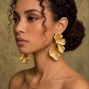 Gold Floral Statement Earrings, Large Flower Dangle Earrings, Stainless Steel Floral Jewelry, Hypoallergenic Boho Earrings, Gift for Her