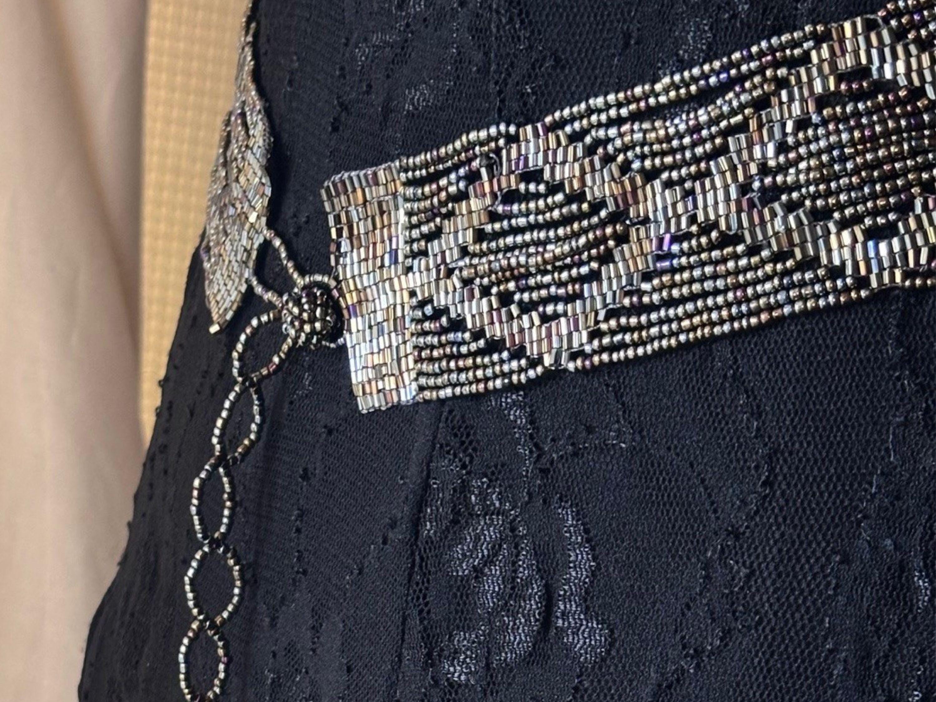 Vintage 1960s Glass Black Beaded Gunmetal Filigree belt Victorian revival Gothic Black Glitter Goth Belt | Matte Leather w/Laser-Cut  main image 4