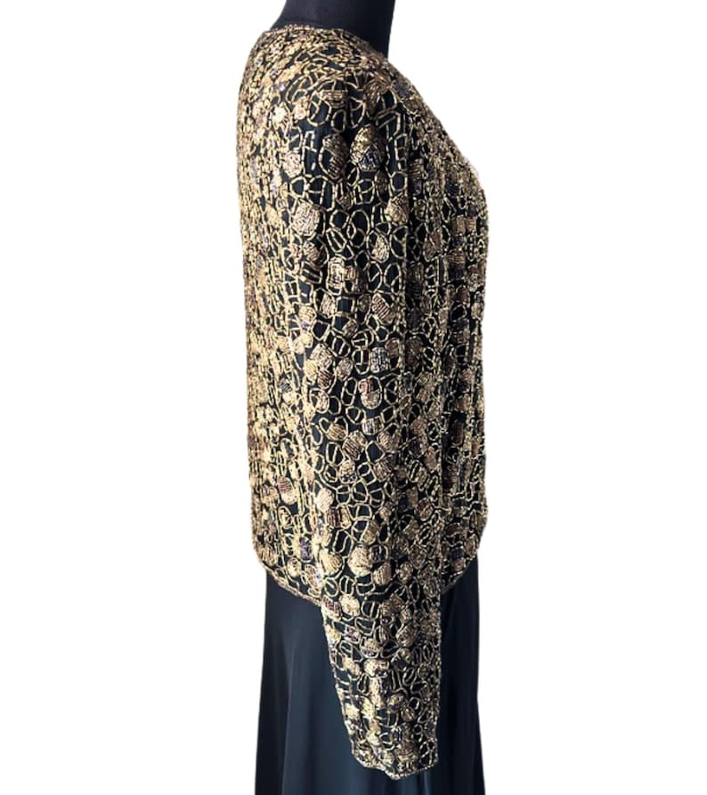 Vintage 90s Adrianna Papell Beaded Silk Jacket | Gold Sequin Evening Bolero image 4