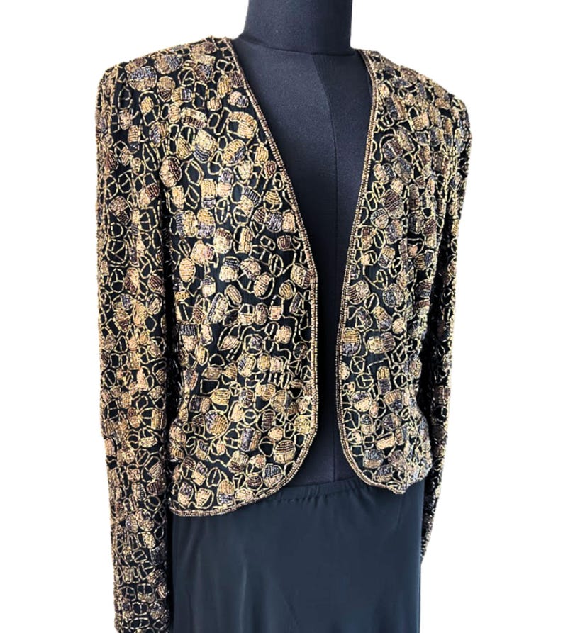 Designer Adrianna Papell beaded silk jacket front view.