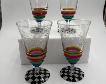 Set of four etched hand painted multicolored cocktail glasses. Mackenzie Childs inspired.    “Colorful Cocktails“