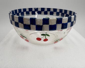 Hand painted glass bowl featuring blue courtly checked w/ cherries  inspired by Mackenzie Childs “A Cherry on Top”