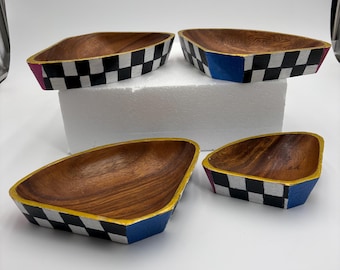 Set of four hand painted Mackenzie Childs inspired wooden quarterly check bowls. “Check Your Bowl”