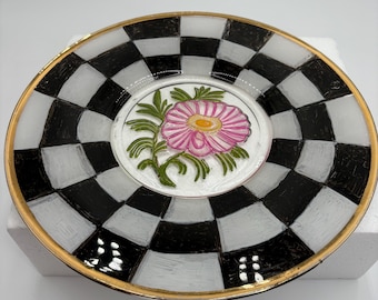 Serving Plate hand painted courtly checked w/ pink flower in the middle. Mackenzie Childs inspired. “Check Your Flowers”