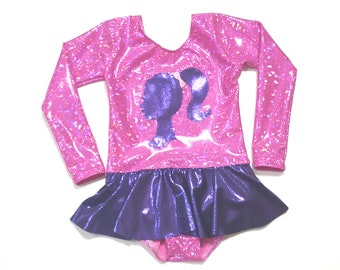 May include: Pink leotard with a purple Barbie silhouette and a purple ruffled skirt.
