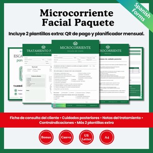 May include: A set of green and white facial treatment forms titled "Microcorriente Facial Paquete" with the text "Includes 2 extra templates: QR payment and monthly planner." The forms include client consultation, aftercare instructions, and treatment notes.