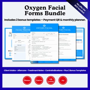 May include: A bundle of blue and white Oxygen Facial Forms, including Client Intake, Aftercare, Treatment Notes, and Contraindications. The bundle includes two bonus templates: a payment QR and a monthly planner. The image also features the words "Bonus", "Canva", "US Letter", and "A4".