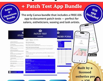 Paquete de seguridad y operaciones de salón: Plantillas de pruebas de parche + App iOS/Canva editable, consentimiento del esteticista y formularios de pedido