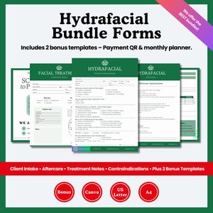 May include: Hydrafacial Bundle Forms with bonus templates. Includes client intake, aftercare, treatment notes, and contraindications. The forms are in green and white with the text "Hydrafacial" at the top. Includes US Letter and A4 sizes.