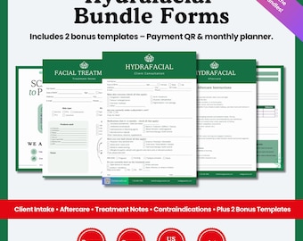 Hydrafacial Forms Bundle | Klientintag, samtycke, eftervård och behandlingsanteckningar för ansiktet | Redigerbara Canva-mallar för hudterapeuter |