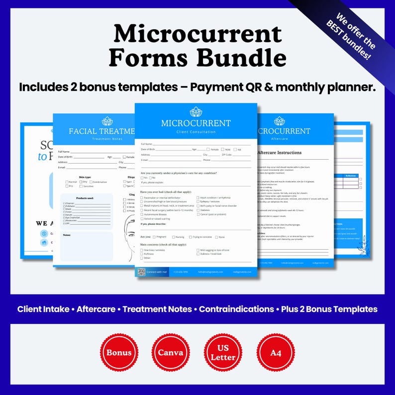 Microcurrent Forms Bundle for Estheticians | Editable Canva Templates | Client Intake, Aftercare, Treatment Notes, Contraindications | bild 1
